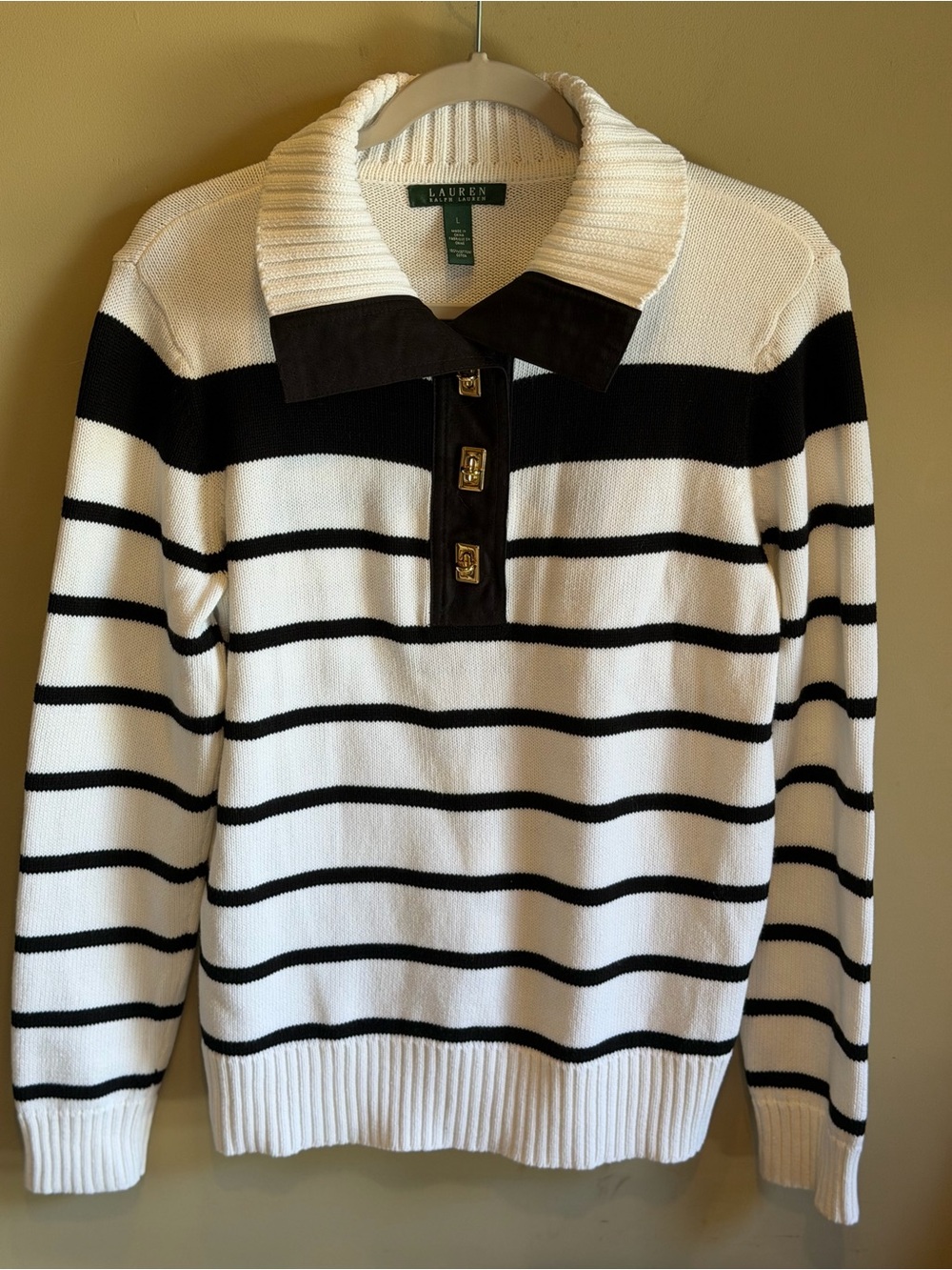 Lauren Ralph Lauren Striped Knit Sweater Gold Button Collar